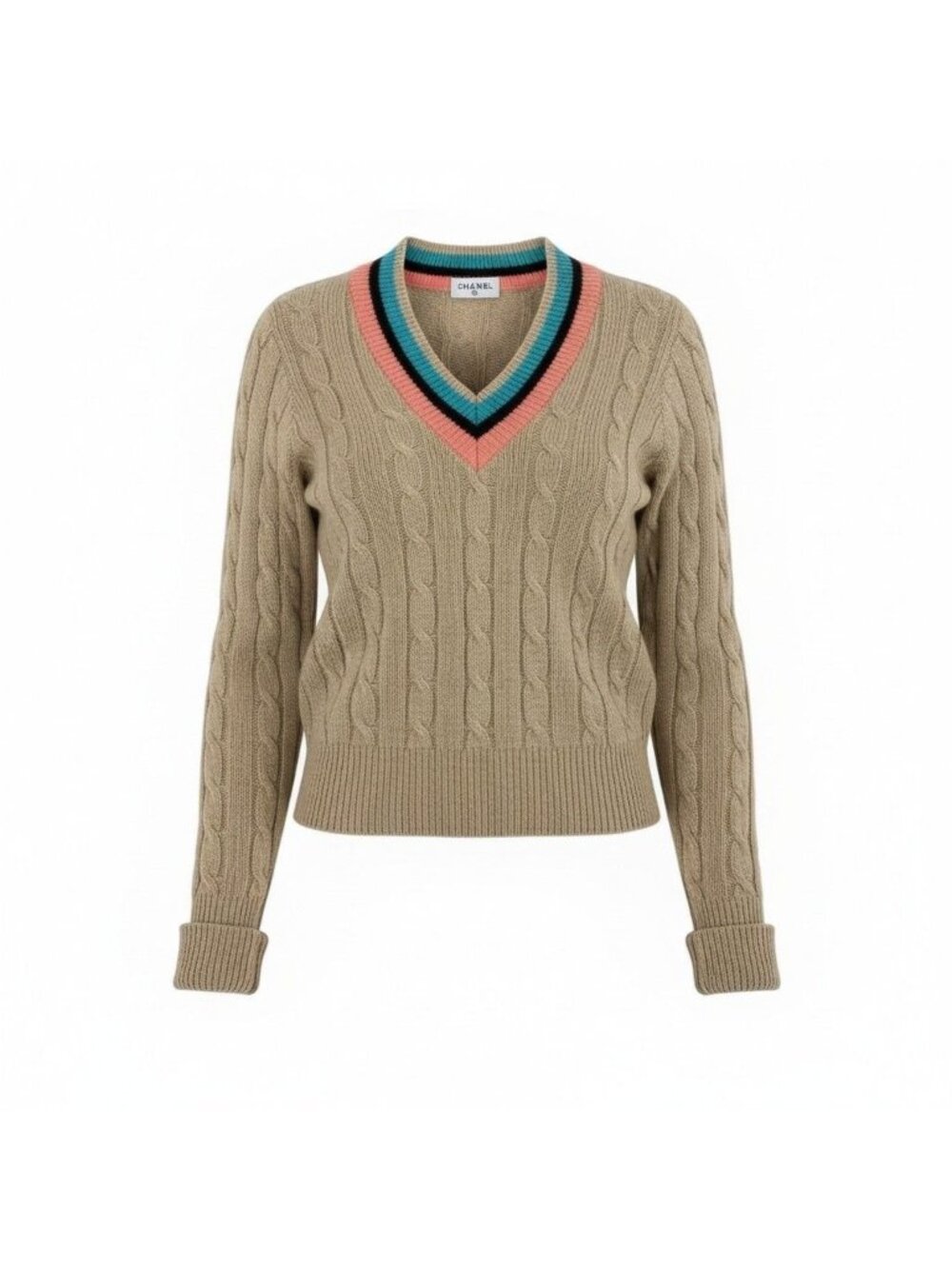 Chanel Cb9 Cashmere Screen Knit Long Sleeve Sweater CC Logo 42 Beige